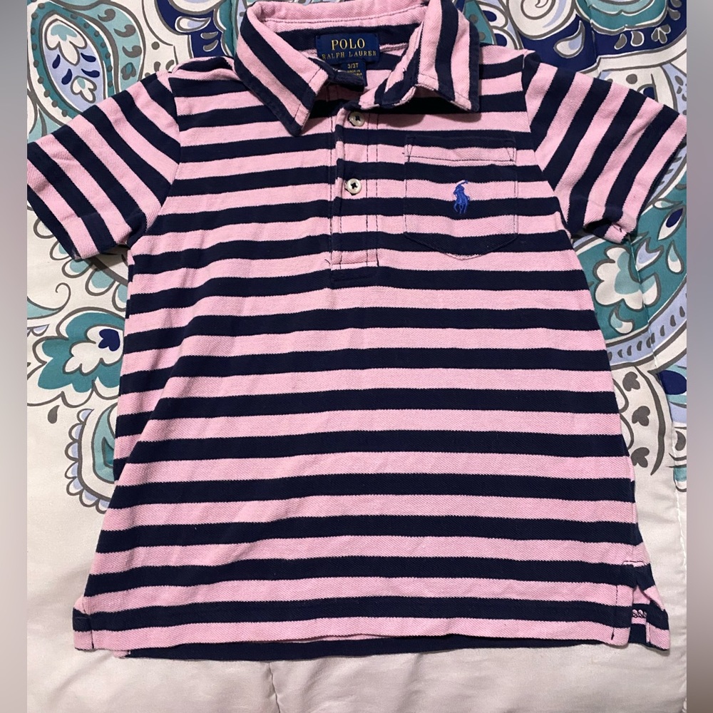 Polo size 3/3t light pinkish purple and navy blue striped shirt
